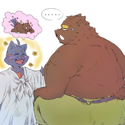 anthro blush bodily_fluids bottomwear clothing cum duo ellipsis genital_fluids heart_symbol kemono male open_mouth overweight overweight_male pants sitting size_difference sweat furipon domestic_cat felid feline felis mammal suid suine sus_(pig) wild_boar 1:1 2026 hi_res