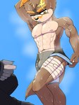 abs adolescent anthro armpit_hair band-aid bandage biped bodily_fluids body_hair bulge clothed clothing duo male male_anthro muscular muscular_anthro muscular_legs muscular_male muscular_young musk pecs scar solo_focus sweat topless young sakai_(artist) canid canine canis mammal wolf 3:4