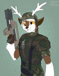 anthro antlers armor camo camo_clothing camo_print clothing gun hair headgear helmet horn looking_at_viewer male pattern_clothing ranged_weapon solo weapon white_hair hirurux canid canine fox mammal 2020 hi_res