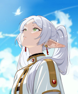 blue_sky blurred_background blush blush_lines cloud cloudy_sky day duo ear_piercing female glistening glistening_hair green_eyes hair humanoid_pointy_ears light_body light_skin long_hair looking_up looking_up_at_another not_furry outside piercing pointy_ears sky solo_focus sparkles twintails_(hairstyle) white_clouds white_hair vizaz frieren_beyond_journey's_end frieren_looking_up frieren ambient_arthropod ambient_butterfly ambient_insect elf humanoid digital_drawing_(artwork) digital_media_(artwork) hi_res meme