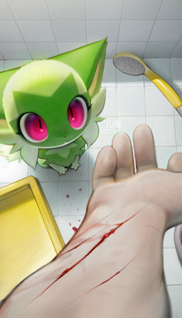 ambiguous_gender blood bodily_fluids claws duo eyelashes faceless_ambiguous faceless_character faceless_human feral first_person_view front_view fur green_body green_fur human_pov inside larger_human looking_at_viewer scar sitting size_difference smaller_feral wounded yuio nintendo pokemon generation_9_pokemon human mammal pokemon_(species) sprigatito 2025 4:7 absurd_res adversarial_noise digital_drawing_(artwork) digital_media_(artwork) hi_res