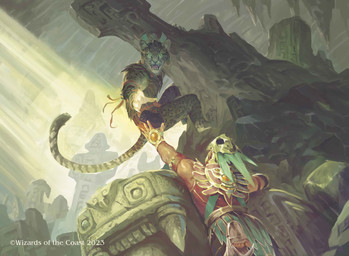 anthro armor cavern climbing duo headgear helmet male markings open_mouth rock sculpture spots spotted_body statue tail whiskers aldo_dominguez hasbro magic:_the_gathering wizards_of_the_coast felid human mammal 2023 absurd_res digital_media_(artwork) hi_res official_art