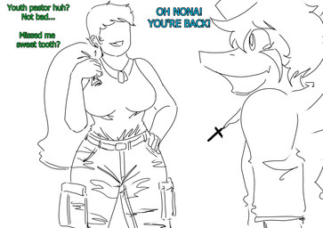 anthro belt big_breasts bottomwear breasts camo camo_bottomwear camo_clothing camo_pants camo_print clothing cross cross_necklace crossgender curvy_figure dialogue dog_tags duo female ftm_crossgender hair hand_on_hip hand_on_own_hip head_crest human_on_anthro interspecies jewelry male military_clothing military_pants mtf_crossgender necklace open_mouth open_smile pants pattern_bottomwear pattern_clothing pattern_pants shirt short_hair smile tank_top text thick_thighs topwear voluptuous voluptuous_female voluptuous_human wide_hipped_female wide_hipped_human wide_hips arsenic_iii cavemanon_studios goodbye_volcano_high snoot_game anon_(snoot_game) fang_(gvh) human mammal prehistoric_species pterodactylus pterosaur reptile scalie 2024 english_text hi_res monochrome