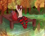 anthro arms_above_head autumn biped bottomwear clothed clothing crossdressing femboy footwear forest hands_behind_head legwear male outside pier plant seaside sitting skirt socks solo sweater thigh_highs thigh_socks topwear tree water zamzi scarlet_svobodova canid canine fox mammal 5:4 digital_media_(artwork) hi_res shaded