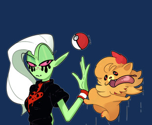 4_fingers ambiguous_gender breasts brown_body brown_fur clothed clothing duo eyebrows fangs female feral fingers freckled_face freckles fur glistening_eyelids green_body green_skin hair humanoid_pointy_ears long_hair motion_lines narrowed_eyes open_mouth pawpads pink_sclera pointy_ears pokeball red_body red_fur teeth tongue tongue_out tuft white_hair wristband vitomins disney nintendo pokemon pokemon_winds_and_waves wander_over_yonder lord_dominator alien alien_humanoid generation_10_pokemon humanoid pokemon_(species) pombon 2026 absurd_res alpha_channel crossover hi_res