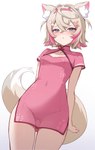 :< accessory asian_clothing blue_eyes blush breasts butt butt_from_the_front chinese_clothing chinese_dress cleavage_cutout clothing cutout dipstick_tail dress east_asian_clothing eyebrow_through_hair eyebrows female fluffy fluffy_tail genitals hair hair_accessory hairclip highlights_(coloring) inner_ear_fluff innie_pussy markings navel nervous pawprint_clothing pawprint_pattern pear-shaped_figure pink_highlights pussy short_hair small_breasts solo tail tail_markings thigh_gap translucent translucent_clothing translucent_dress translucent_hair tuft unsure wide_hips koahri hololive hololive_en vtuber mococo_abyssgard animal_humanoid canid canid_humanoid canine canine_humanoid dog_humanoid humanoid mammal mammal_humanoid absurd_res hi_res