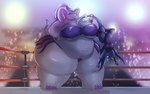 anthro big_breasts breasts clothing duo female fighting_ring huge_breasts obese obese_female overweight overweight_female size_difference tail robthehoopedchipmunk mythology tulip_(rthc) dragon elephant elephantid mammal mythological_creature mythological_scalie proboscidean scalie 16:10 hi_res widescreen