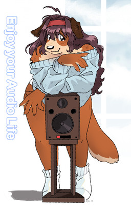 accessory anthro bangs biped blue_clothing blue_sweater blue_topwear bottomwear brown_body brown_fur clothing fangs female footwear fur hair hair_accessory hairband leaning_on_object looking_at_viewer oversized_clothing oversized_topwear purple_hair shorts smile socks solo speaker sweater tan_body tan_fur teeth text topwear luckymuttz canid canine mammal 2025 absurd_res digital_drawing_(artwork) digital_media_(artwork) english_text hi_res