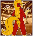 alcohol anthro balls beak beverage butt casino eyeliner feathers genitals hair long_hair long_tail makeup male pose red_body red_feathers tail wine yellow_beak yellow_body yellow_feathers graedius_(artist) glori_gamebird avian bird chrysolophus galliform golden_pheasant phasianid pinup