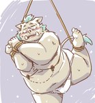 anthro bdsm belly blue_hair blush bodily_fluids bondage bound briefs brown_body brown_fur bulge clothing fur hair male nipple_chain nipple_clamp nipples overweight restraints rope rope_bondage solo sweat tighty_whities tusks underwear white_briefs white_clothing white_underwear takagi_kyou lifewonders tokyo_afterschool_summoners ganglie_(tas) mammal suid suine sus_(pig) wild_boar