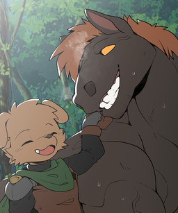 age_difference anthro biped bodily_fluids duo male male/male muscular muscular_anthro muscular_male size_difference smile sweat sweatdrop vein young young_anthro young_male oouyuki_benten canid canine canis domestic_dog equid equine horse mammal 5:6 hi_res