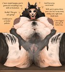 anthro areola bad_smell big_areola big_breasts black_body black_fur black_hair bodily_fluids body_hair bone breasts burn_scar butt_hair chest_hair clothing cunnilingus_pov cunnilingus_request ear_piercing erect_nipples fat_arms female fur furniture genitals hair happy_trail heart_symbol homophobic_slur insult leg_hair licking_request long_hair makeup mature_female montgomery_glands musk musk_clouds navel nipple_piercing nipples on_table oral_request overweight piercing profanity pubes requesting scar sex_request sitting sitting_on_table skull skull_head slightly_chubby slur smelly_pussy solo stretch_marks sweat table teeth text topwear vulva white_body white_fur wide_hips wandwess wess_(wandwess) canid canine mammal maned_wolf skulldog_(species) absurd_res hi_res