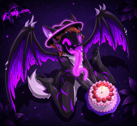 anthro bat_wings birthday birthday_cake cake clothing dessert fedora femboy fluffy fluffy_tail food fur glowing glowing_eyes glowing_tongue hair hat headgear headwear high-angle_view long_tongue machine male membrane_(anatomy) membranous_wings neck_tuft open_mouth pawpads paws purple_eyes purple_tongue silly_face smile solo tail tongue tongue_out tuft wings redpurr over_(over_0w0) protogen digital_media_(artwork) hi_res