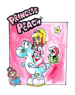 bike_suit blonde_hair clothing duo female hair headgear plant plushie toongrowner mario_bros nintendo princess_peach yoshi_(character) blue_yoshi dinosaur elemental_creature flora_fauna human mammal piranha_plant prehistoric_species reptile scalie yoshi absurd_res hi_res painting_(artwork) watercolor_(artwork)