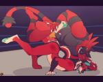 anthro biceps duo erection fire fire_belt genitals hot_dogging male male/male manly muscular penis ring sex smile tail tongue tongue_out whiskers wrestling xenoforge nintendo pokemon canid canine felid generation_7_pokemon incineroar mammal pokemon_(species)