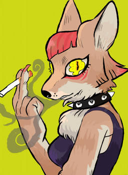 5_fingers anthro chest_tuft cigarette clothing collar eyelashes eyeliner female fingers fur hair holding_cigarette holding_object lipstick_on_cigarette makeup pupils purple_clothing purple_topwear red_hair side_view simple_background slit_pupils smoking smoking_cigarette solo spiked_collar spikes tan_body tan_fur teeth topwear tuft yellow_background yellow_eyes milkbubbles canid canine canis coyote mammal 2015 digital_media_(artwork) hi_res
