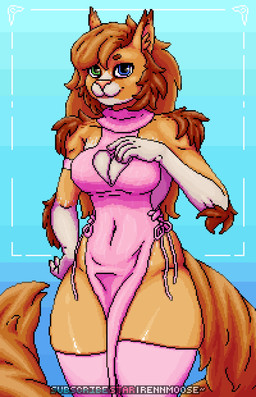 anthro arm_tuft blue_eyes breasts cleavage cleavage_cutout clothed clothing cutout dress elbow_tuft facial_tuft female fur green_eyes hair heterochromia inner_ear_fluff legwear orange_body orange_fur pink_clothing pink_dress pink_nose red_hair shoulder_tuft small_waist solo string tail thick_thighs thigh_highs tuft wide_hips rennmoose gretta_(rennmoose) felid feline mammal absurd_res hi_res