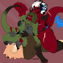 abs anthro areola big_breasts black_hair black_sclera blotchy_areola blue_eyes breast_grab breast_play breasts brown_body butt claws cunnilingus eyes_closed facial_tuft fangs female female/female gold_(metal) gold_jewelry green_body green_hair group hair hand_on_breast horn jewelry long_tail male male/female markings muscular muscular_anthro muscular_female nipple_dip nipple_fetish nipple_play oral penetration pubes red_body red_hair ring_(jewelry) sex sharp_teeth size_difference spikes spikes_(anatomy) spots spotted_butt spotted_legs spotted_thighs spread_legs spreading tail tan_body teeth thick_thighs tongue tongue_out trio tuft vaginal vaginal_penetration white_hair zortrex mythology mchloe_(zortrex) yelena_(zortrex) dinosaur dragon dromaeosaurid myceelidos_(zortrex) mythological_creature mythological_scalie prehistoric_species reptile saurischian scalie theropod utahraptor 1:1 absurd_res hi_res sibling_(lore) sister_(lore) sisters_(lore)