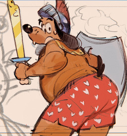 anthro armor belly bodily_fluids boxers_(clothing) brown_body brown_fur butt clothed clothing fantasy fur headgear headwear helmet knight looking_at_viewer male male_anthro medieval melee_weapon overweight overweight_anthro overweight_male rear_view shield solo surprised sweat sword tail topless topless_anthro topless_male underwear warrior weapon mmaj7 puppy_guard russell_(puppy_guard) canid canine canis domestic_dog mammal