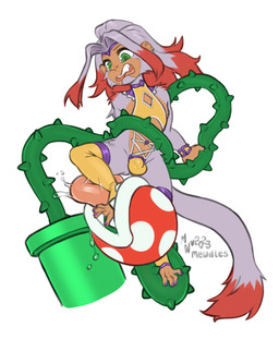 anthro biped bulge dipstick_tail duo feet fur green_eyes grey_body grey_fur grey_hair hair imminent_vore male markings open_mouth plant restrained tail tail_markings toes mewdles mario_bros nintendo ravana_(varuna) elemental_creature flora_fauna haplorhine mammal monkey piranha_plant primate hi_res
