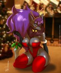 anthro big_breasts breasts cleavage clothed clothing female hair holding_melee_weapon holding_object holding_sword holding_weapon holidays legwear melee_weapon purple_hair solo sword thigh_highs weapon jmf christmas nintendo pokemon generation_5_pokemon pokemon_(species) shiny_pokemon zoroark 5:6 hi_res