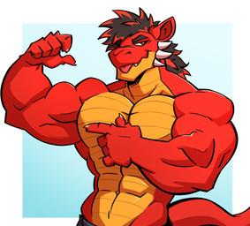 abs anthro biceps big_muscles black_hair blep bottomwear brown_eyes clothed clothing facial_spikes flexing flexing_bicep hair jaw_spikes male muscular muscular_arms pecs red_body scales simple_background solo spikes spikes_(anatomy) tail tongue tongue_out topless yellow_body yellow_scales fernabinho mythology richy_(character) dragon mythological_creature mythological_scalie scalie wingless_dragon 2026 digital_media_(artwork) half-length_portrait hi_res portrait