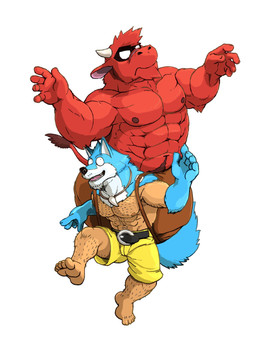 5_fingers 5_toes animal_tail anthro belt black_nose blue_body blue_fur bottomwear clothing collar duo feet fingers for_a_head fur horn humanoid_feet male muscular muscular_anthro muscular_male nipples pants plantigrade red_body simple_background smile split_form standing teeth toes tongue white_background white_body white_fur yellow_bottomwear yellow_clothing yellow_pants monapic_chang subaru_(monapic_chang) animal_head animal_humanoid bovid bovine canid canine canis cattle domestic_dog humanoid mammal 2020 3:4 character_request digital_media_(artwork) hi_res