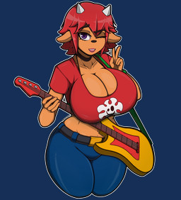 5_fingers anthro bass_guitar big_breasts bottomwear breasts clothing female fingers guitar hair horn musical_instrument orange_body pants plucked_string_instrument purple_eyes red_hair shirt solo string_instrument topwear zak_hitsuji parappa_the_rapper sony_corporation sony_interactive_entertainment um_jammer_lammy lammy_lamb bovid caprine mammal sheep alpha_channel hi_res