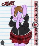 accessory anthro blue_eyes bottomwear clothing covering covering_face embarrassed female flower flower_in_hair hair hair_accessory notebook_paper_background pink_body pink_skin plant proboscis_(anatomy) school_uniform shy skirt solo trunk_(anatomy) tusks uniform conditional_dnp grinn3r elephant elephantid mammal proboscidean 2020 hi_res sketch