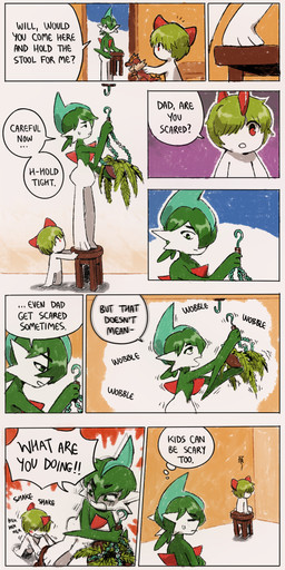 9_panel_comic ambiguous_gender black_text dialogue duo ellipsis exclamation_point eyebrows eyes_closed floor furniture green_eyes green_hair hair hair_over_eye holding_object inner_monologue larger_male looking_at_another male motion_lines mouth_closed one_eye_obstructed open_mouth open_smile plant question_mark red_eyes sitting sitting_on_stool size_difference smaller_ambiguous smile sound_effects speech_bubble stool talking_to_another text thinking wall_(structure) white_body white_sclera flavia-elric nintendo pokemon will_(flavia-elric) gallade generation_3_pokemon generation_4_pokemon humanoid pokemon_(species) ralts 2026 absurd_res comic english_text hi_res father_(lore) father_and_child_(lore) male_(lore) parent_(lore) parent_and_child_(lore)