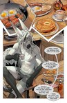 5_fingers abs anthro bacon blue_eyes clothed clothing dialogue egg eyebrows eyelashes fingers food hair male meat pancake solo text white_hair okithau agita_(siberia-gravity) canid canine mammal 2022 comic digital_media_(artwork) english_text hi_res