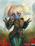 armor blonde_hair clothed clothing cute_fangs female fully_clothed gesture hair hand_gesture humanoid_pointy_ears pigtails pointy_ears short_stack small_waist solo v_sign wide_hips mayhem_(artist) league_of_legends riot_games tencent poppy_(lol) humanoid yordle 3:4 absurd_res hi_res