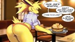 anthro bent_over big_breasts big_butt bottomwear breasts butt clothing female hotpants shorts solo spikes text waiter yellow_body thyhsilverfeet nintendo pokemon eeveelution generation_1_pokemon jolteon pokemon_(species) 16:9 absurd_res english_text hi_res widescreen