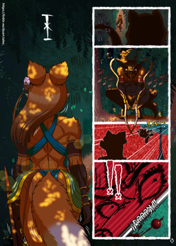 4_toes 5_fingers accessory ambush anthro asian_clothing athletic athletic_anthro athletic_female barefoot black_nose blood bodily_fluids bottomwear bracelet brown_body brown_fur brown_nose butt clothed clothed_anthro clothed_female clothing crouching duo east_asian_clothing feet female fingers flower flower_in_hair forest fundoshi fur gloves_(marking) gold_(metal) gold_bracelet gold_jewelry hair hair_accessory hindpaw hood humanoid_hands japanese_clothing jewelry jungle katar leg_markings loincloth macuahuitl male markings melee_weapon multicolored_body multicolored_fur nature navel orange_body orange_fur orange_hair paws plant smile socks_(marking) tail text toes tree tribal two_tone_body two_tone_fur underwear walking warrior weapon white_body white_fur duart.tales viva_(duart.tales) bush_dog canid canine mammal maned_wolf comic english_text hi_res url