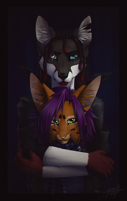 anthro brown_body brown_fur duo female fur green_eyes hair male purple_hair lynjox lynxy_jones felid feline lynx mammal 2015 digital_media_(artwork)