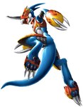 anthro armor bandai_namco biped blue_body blue_skin claws clothing digimon digimon_(species) dragon flamedramon hindpaw jumping karabiner male mythological_creature mythological_scalie mythology open_mouth pawpads paws red_eyes scalie shirt solo straps tail topwear