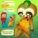 anthro balls biped bodily_fluids clothed clothing dialogue duo erection female genital_fluids genitals hair hat headgear headwear male open_mouth penis precum red_hair speech_bubble text noinipi animal_crossing nintendo leif_(animal_crossing) human mammal pilosan sloth xenarthran 1:1 english_text hi_res