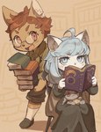 anthro blue_hair book brown_body brown_fur doll duo eyewear female fur glasses hair male nerd reading sitting white_body white_fur young hoshi_tefu cyberconnect2 fuga:_melodies_of_steel little_tail_bronx sheena_falafel socks_million canid canine caninu canis domestic_cat domestic_dog felid feline felineko felis mammal absurd_res hi_res