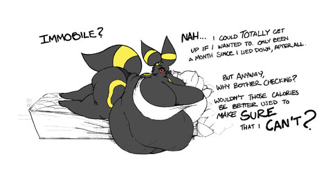 anthro bed belly big_belly big_breasts black_body black_fur black_nose blue_eyes breasts cleavage clothed clothing dialogue eyelashes feederism female fur furniture huge_belly huge_breasts immobile looking_at_viewer lounging love_handles morbidly_obese morbidly_obese_anthro morbidly_obese_female obese obese_anthro obese_female on_bed overweight overweight_anthro overweight_female red_sclera smile solo stretch_marks text weight_gain yellow_body yellow_fur zandyzolo nintendo pokemon vi_(zandyzolo) eeveelution generation_2_pokemon pokemon_(species) umbreon 2024 english_text hi_res