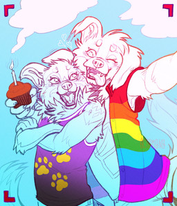anthro camera_view cheek_tuft clothed clothing crossed_arms cupcake duo facial_tuft fangs floppy_ears food front_view holding_cupcake holding_food holding_object lgbt_pride looking_at_viewer male male_anthro multicolored_clothing multicolored_topwear neck_tuft one_eye_closed open_clothing open_mouth open_topwear pride_colors purple_clothing purple_topwear rainbow_clothing rainbow_topwear teeth text tongue tongue_out topwear tuft 0ct0m0n0 canid canine canis domestic_dog mammal artist_name hi_res partially_colored