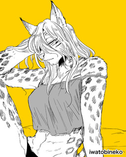 abs anthro bed big_breasts breasts clothed clothing cute_fangs fangs female fluffy furniture half-closed_eyes hand_on_head looking_at_viewer loose_strap medium_hair narrowed_eyes on_bed pantsless shirt simple_background sitting solo tank_top teeth topwear yellow_background iwatobineko the_invisible_man_and_his_soon-to-be_wife luna_jarashi bobcat felid feline lynx mammal 2023 4:5 hatching_(art) hi_res line_art monochrome official_art partially_colored restricted_palette shaded