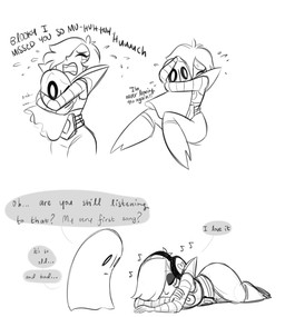 dialogue duo electronics headphones hug lying machine male music not_furry text catnippackets undertale undertale_(series) mettaton mettaton_ex napstablook ghost robot spirit 2015 better_version_at_source english_text hi_res monochrome sketch