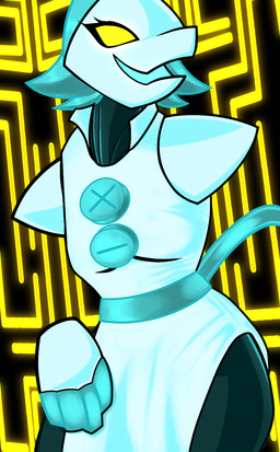 anthro blue_hair female floating_hands fur glowing glowing_eyes hair machine solo white_body white_fur wide_hips ctrl-atl-replace7888 deltarune undertale_(series) tasque_manager darkner domestic_cat felid feline felis humanoid mammal robot robot_humanoid hi_res