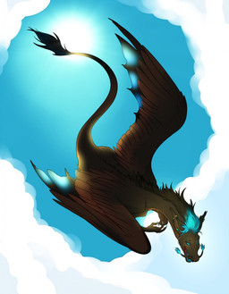 ambiguous_gender blue_eyes blue_hair brown_body brown_feathers claws day feathered_wings feathers feral hair outside sky solo sun tail wings uni mythology dragon feathered_dragon feathered_scalie mythological_creature mythological_scalie scalie 2017 digital_media_(artwork) hi_res