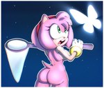 accessory anthro big_breasts bracelet breasts bubble_butt butt butterfly_net clothing female gloves green_eyes hair_accessory hairband handwear jewelry net night nude nude_female pink_body shocked solo tail colono sega sonic_the_hedgehog_(series) amy_rose arthropod butterfly eulipotyphlan hedgehog insect lepidopteran mammal