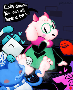 3_toes ambiguous_gender anthro biped blush blush_lines bodily_fluids claws crown dialogue embarrassed eyewear feet feral fluffy foot_fetish foot_focus foot_lick foot_play glasses group headgear heart_symbol horn licking long_tongue male musk musk_cloud musky_feet quadruped scarf smile solo_focus speech_bubble spiral spiral_eyes sweat sweaty_feet text toe_claws toes tongue wearing_glasses pincoosh deltarune undertale_(series) head_hathy nubert ralsei darkner tasque virovirokun artist_name digital_media_(artwork) hi_res