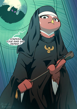 anthro beak female holding_object holding_whip holidays looking_at_viewer nun nun_outfit red_body serious_face shadowy_figure solo speech_bubble stare symbolism text whip rozalid halloween atheniv lilith_(rozalid) athene_(genus) avian bird little_owl owl true_owl absurd_res colored english_text hi_res