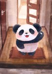 anthro biped black_body black_nose blush chibi detailed_background gesture inside open_mouth solo waving white_body araru bear giant_panda mammal 2024 hi_res