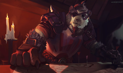 5_fingers anthro armor beard beard_ring breastplate candle claws clothed clothing eye_patch eyewear facial_hair finger_claws fingers fur hair holding_object inside looking_at_viewer male map pauldron perspective plate_armor solo tied_hair topographic_map vambrace whiteleonard blizzard_entertainment warcraft bear mammal pandaren 2026 digital_media_(artwork) hi_res signature