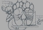 4_toes anthro claws container dialogue feet foot_fetish foot_focus foot_play group jar macro male male/male micro pawpads paws size_difference soles toe_claws toes wrinkled_feet wrinkles pkmgx aggretsuko sanrio haida_(aggretsuko) tadano_(aggretsuko) asinus donkey equid equine hyena mammal sketch